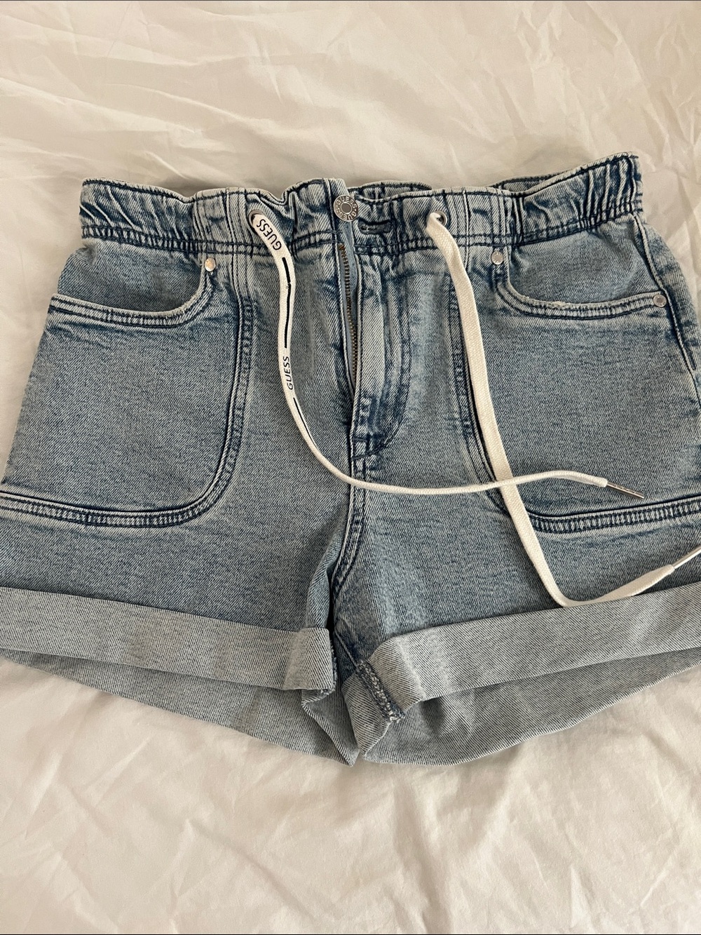 Guess Denim Drawstring Rolled Hem Women’s Shorts - Light Blue